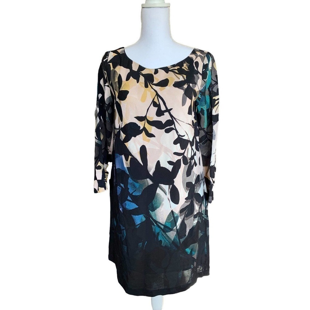 Floral Leaf Print Shift Dress - Black & Teal